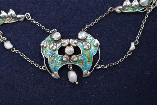 An early 20th century Art Nouveau white metal, enamel and seed pearl necklace, approx. 40cm.